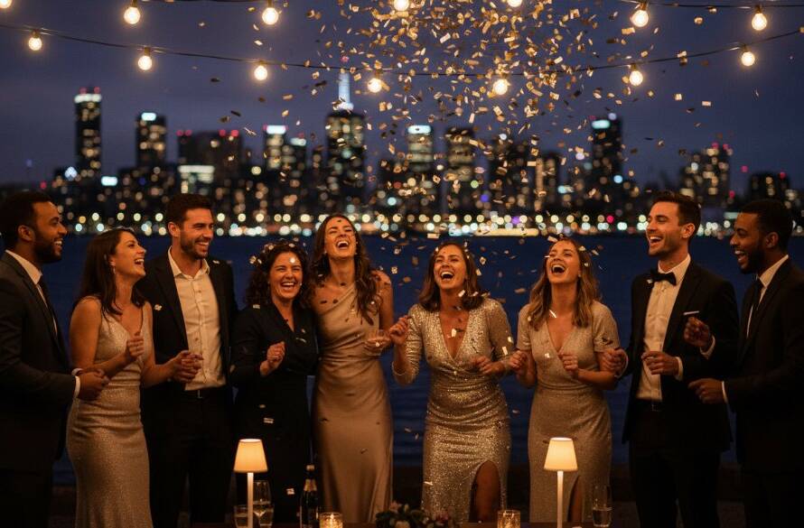 An ecstatic group of friends laughing and cheering under string lights at a twilight Williamstown waterfront party, captured with professional Williamstown waterfront party photography for memorable celebrations, showcasing the vibrant joy and atmosphere of the event.