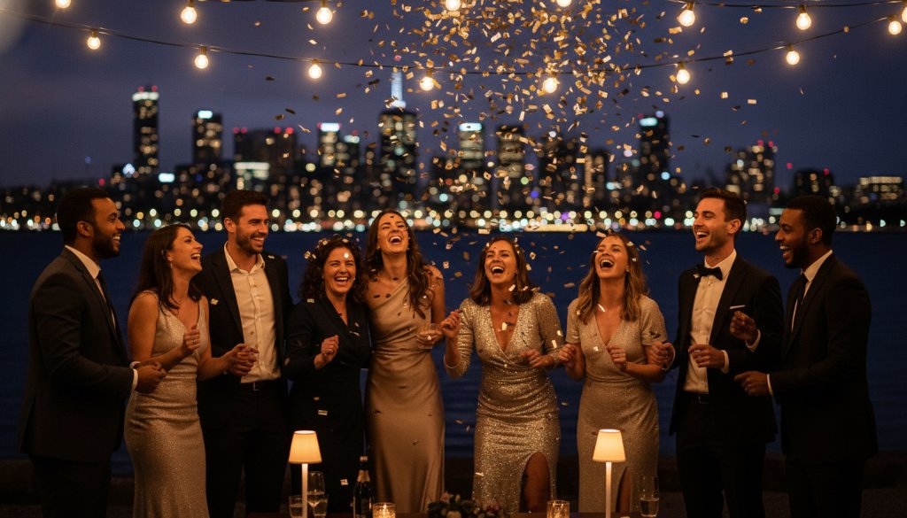An ecstatic group of friends laughing and cheering under string lights at a twilight Williamstown waterfront party, captured with professional Williamstown waterfront party photography for memorable celebrations, showcasing the vibrant joy and atmosphere of the event.