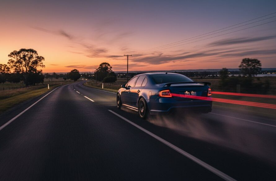 Dramatic, low-angle shot of a sleek, black high-performance vehicle speeding along a twilight road with Wodonga's cityscape in the blurred background, captured with Wodonga Adrenaline Automotive Photography style, dramatic lighting and motion blur.