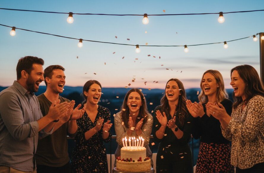 A candid, joyous moment captured during a Wodonga birthday party photography capture, showing guests laughing and dancing under warm string lights at an elegant outdoor venue, evoking a vibrant sense of community and celebration.