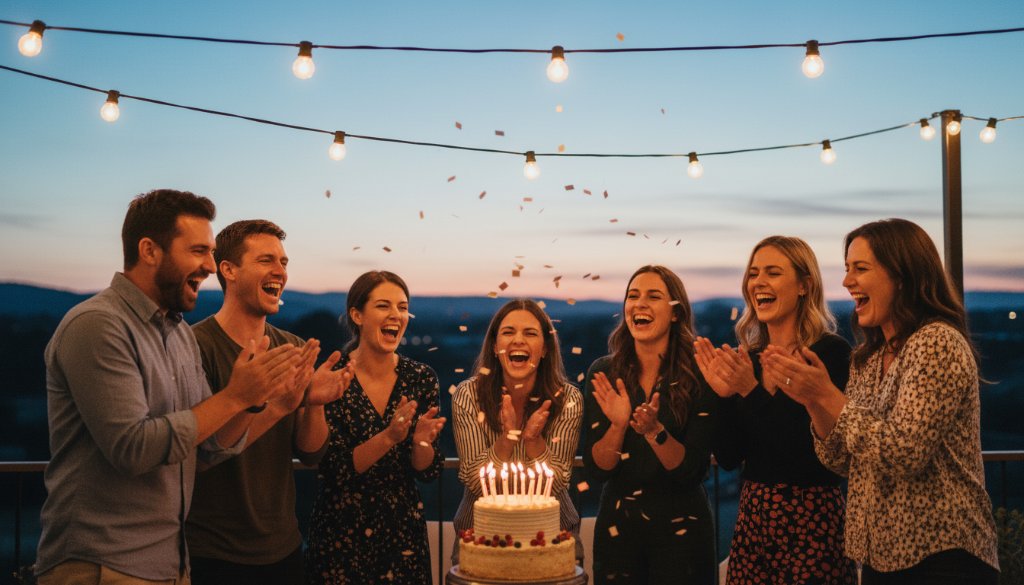 A candid, joyous moment captured during a Wodonga birthday party photography capture, showing guests laughing and dancing under warm string lights at an elegant outdoor venue, evoking a vibrant sense of community and celebration.