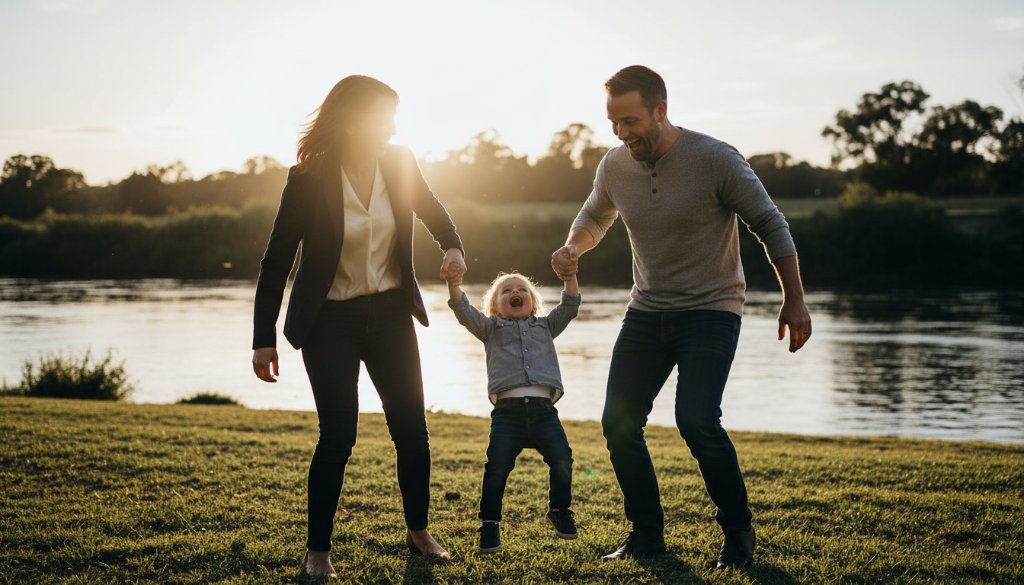 A heartwarming and authentic candid family moment captured in Wodonga, showing genuine laughter as parents play with their child by the Murray River, bathed in golden hour light, perfect example of Wodonga Candid Photography Authentic Family Moments.