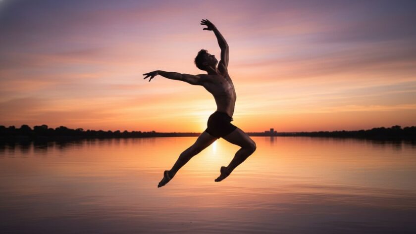 A powerful, dramatically lit photograph capturing a contemporary dancer mid-air, performing an emotive leap over the iconic Hume Weir bridge in Wodonga, showcasing exceptional Wodonga contemporary dance photography for local artists.