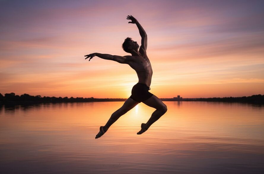 A powerful, dramatically lit photograph capturing a contemporary dancer mid-air, performing an emotive leap over the iconic Hume Weir bridge in Wodonga, showcasing exceptional Wodonga contemporary dance photography for local artists.