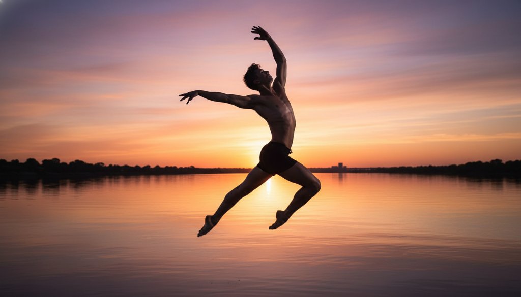 A powerful, dramatically lit photograph capturing a contemporary dancer mid-air, performing an emotive leap over the iconic Hume Weir bridge in Wodonga, showcasing exceptional Wodonga contemporary dance photography for local artists.