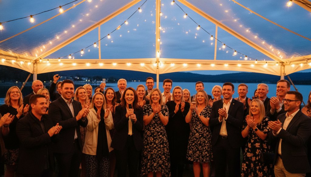An emotional and vibrant photograph of guests laughing and cheering at an outdoor Wodonga event, perfectly showcasing Wodonga event photography capturing genuine joy, with golden hour light illuminating their faces and the natural beauty of the regional backdrop.