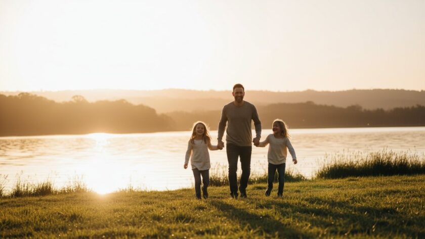 A Wodonga family photography authentic outdoor memories hero shot, featuring parents laughing with their two children, silhouetted by the golden hour sun setting over the Hume Weir, creating a dramatic and emotionally resonant scene.