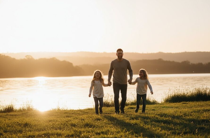 A Wodonga family photography authentic outdoor memories hero shot, featuring parents laughing with their two children, silhouetted by the golden hour sun setting over the Hume Weir, creating a dramatic and emotionally resonant scene.