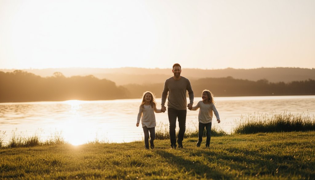 A Wodonga family photography authentic outdoor memories hero shot, featuring parents laughing with their two children, silhouetted by the golden hour sun setting over the Hume Weir, creating a dramatic and emotionally resonant scene.