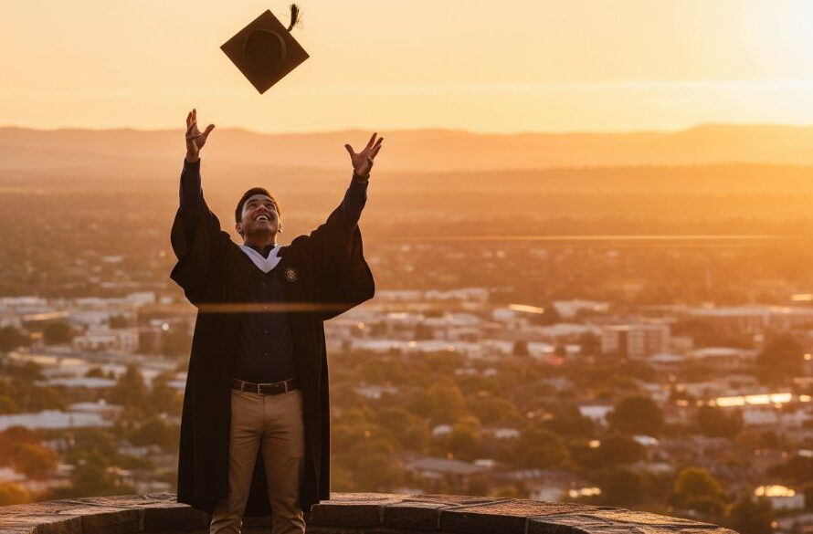 A triumphant graduate, beaming with joy, throws their cap into the air against a vibrant Wodonga sunset, capturing Wodonga Graduation Photography triumphant memories in an epic, cinematic moment.