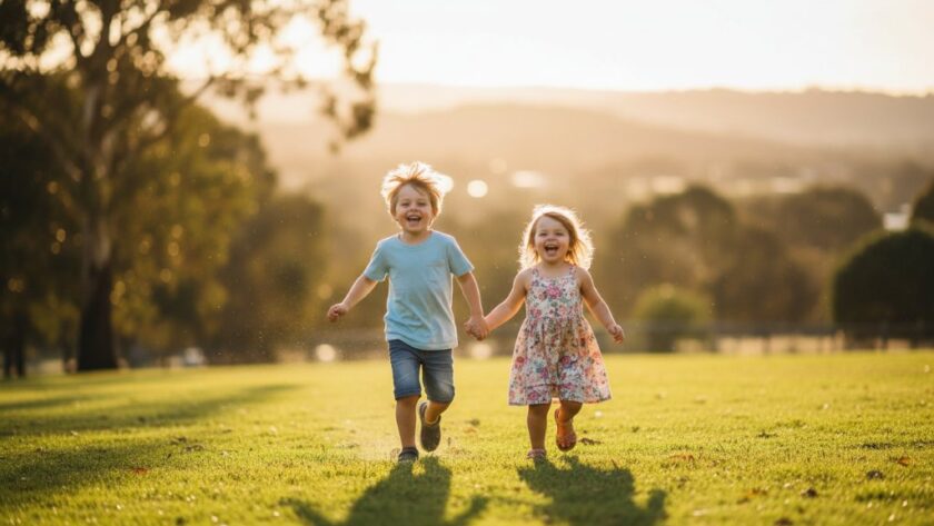 Wodonga kids photography capturing genuine childhood joy, a wide-angle, cinematic photograph of two young children, a boy and a girl, laughing wholeheartedly while running through a sun-drenched Wodonga park, perhaps near Sumsion Gardens, at golden hour. Dramatic backlighting creates a beautiful rim light around their hair, with soft lens flare. Professional colour grading with warm, vibrant tones.