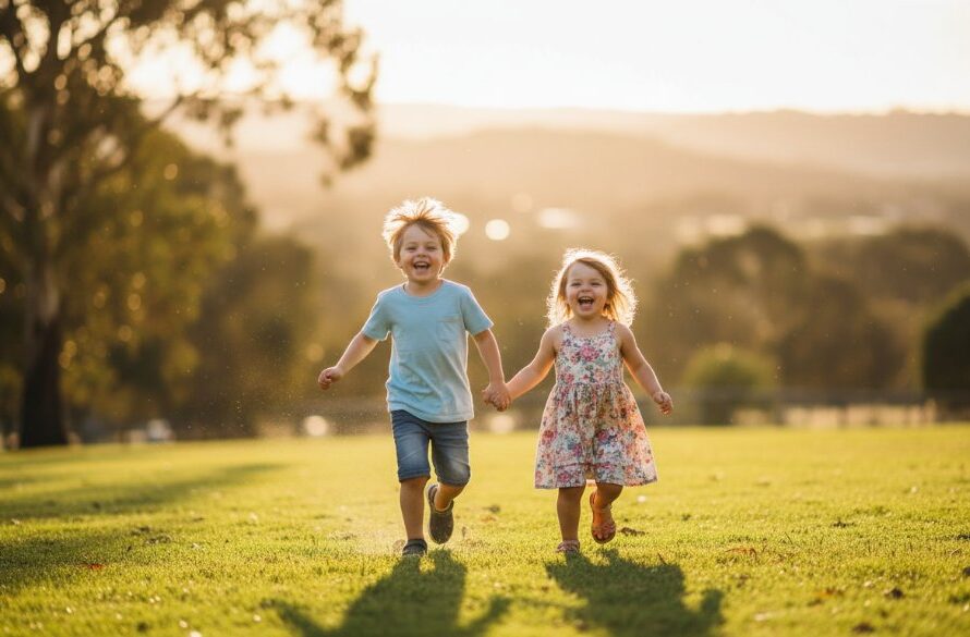Wodonga kids photography capturing genuine childhood joy, a wide-angle, cinematic photograph of two young children, a boy and a girl, laughing wholeheartedly while running through a sun-drenched Wodonga park, perhaps near Sumsion Gardens, at golden hour. Dramatic backlighting creates a beautiful rim light around their hair, with soft lens flare. Professional colour grading with warm, vibrant tones.
