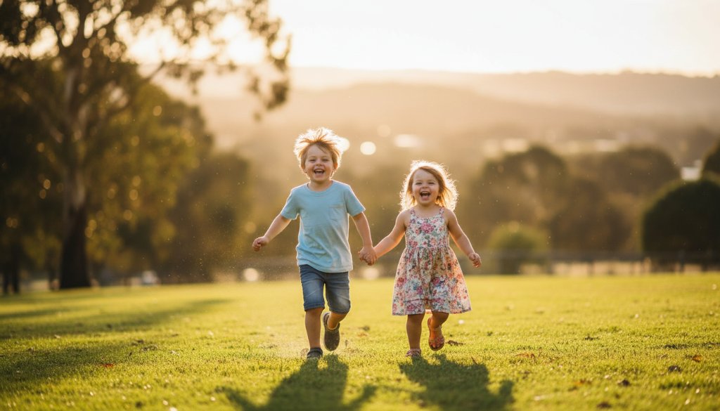 Wodonga kids photography capturing genuine childhood joy, a wide-angle, cinematic photograph of two young children, a boy and a girl, laughing wholeheartedly while running through a sun-drenched Wodonga park, perhaps near Sumsion Gardens, at golden hour. Dramatic backlighting creates a beautiful rim light around their hair, with soft lens flare. Professional colour grading with warm, vibrant tones.