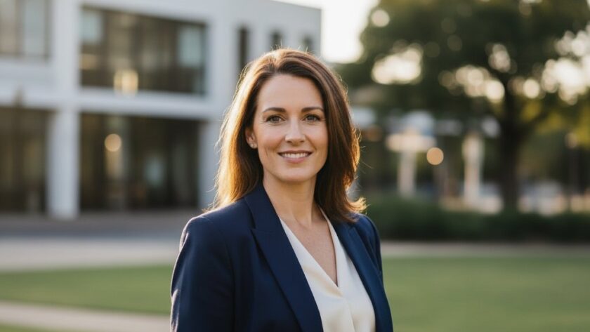 Dynamic, cinematic portrait of a confident professional smiling, against a blurred backdrop reminiscent of Wodonga's Murray River, showcasing Wodonga professional headshots for career advancement with dramatic golden hour lighting.
