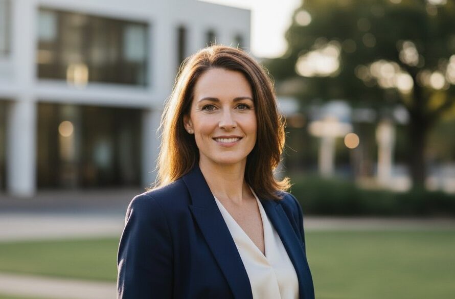 Dynamic, cinematic portrait of a confident professional smiling, against a blurred backdrop reminiscent of Wodonga's Murray River, showcasing Wodonga professional headshots for career advancement with dramatic golden hour lighting.