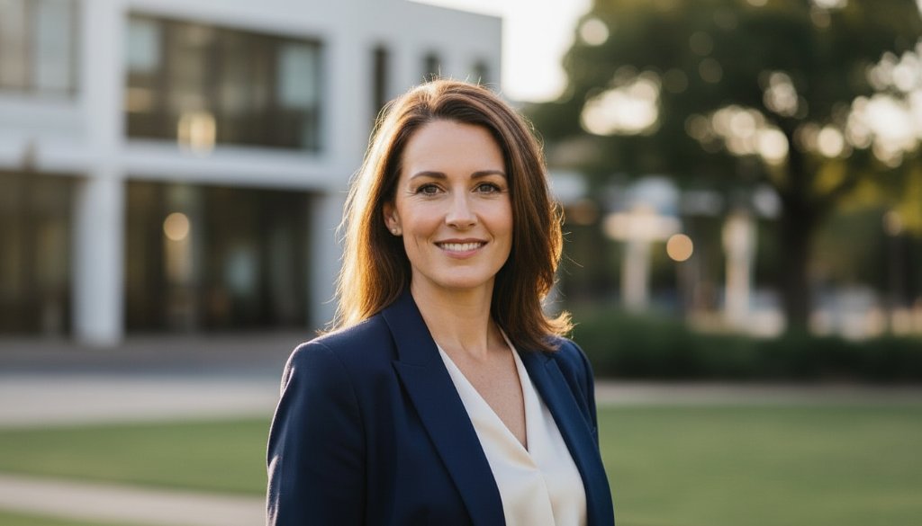 Dynamic, cinematic portrait of a confident professional smiling, against a blurred backdrop reminiscent of Wodonga's Murray River, showcasing Wodonga professional headshots for career advancement with dramatic golden hour lighting.