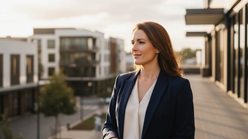 A dynamic, epic moment photograph of a confident business professional in Wodonga, captured during a professional headshots for personal branding session, with soft, dramatic natural light highlighting their determination against a contemporary urban backdrop.