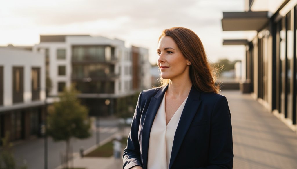 A dynamic, epic moment photograph of a confident business professional in Wodonga, captured during a professional headshots for personal branding session, with soft, dramatic natural light highlighting their determination against a contemporary urban backdrop.