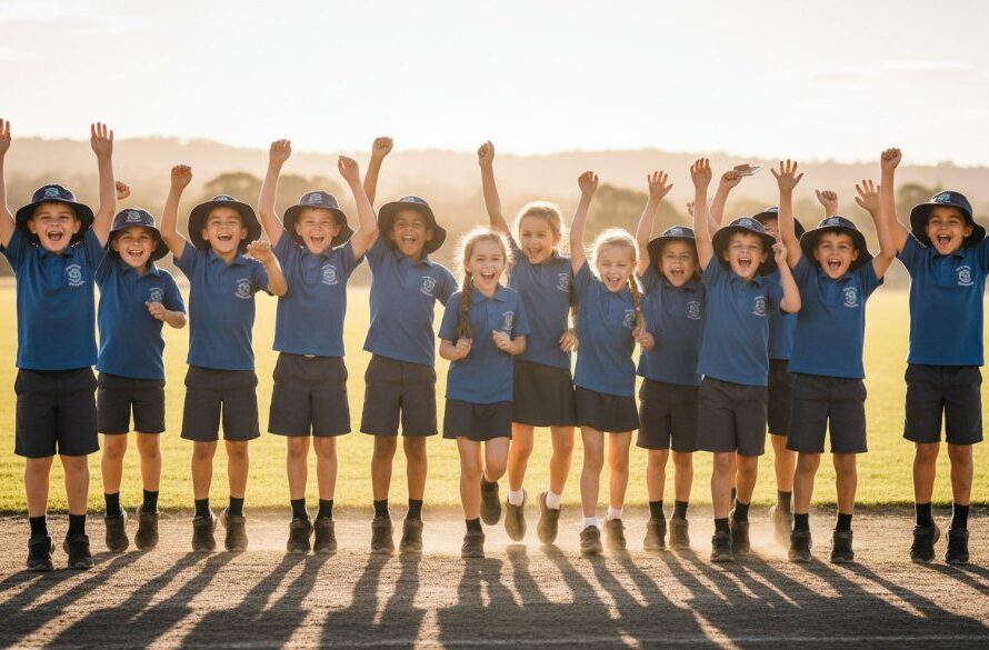 A vibrant, candid photograph capturing a group of Wodonga school students laughing joyfully together on their school grounds, demonstrating expert Wodonga school photography capturing genuine student moments.