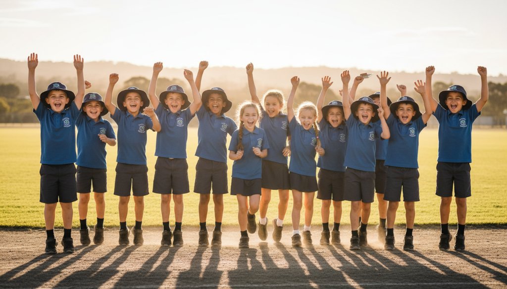 A vibrant, candid photograph capturing a group of Wodonga school students laughing joyfully together on their school grounds, demonstrating expert Wodonga school photography capturing genuine student moments.