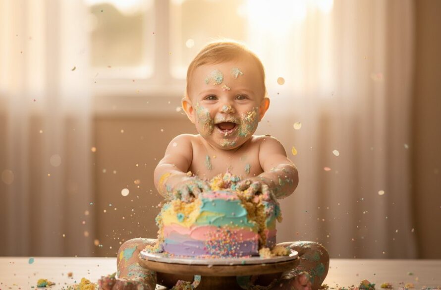 An adorable baby, covered in frosting from a Wodonga Victoria cake smash photography adorable first birthday session, giggling with pure joy as colourful sprinkles fall around them, captured in a dramatic, brightly lit 'epic moment' style photograph.