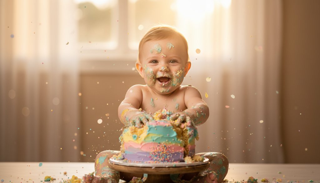 An adorable baby, covered in frosting from a Wodonga Victoria cake smash photography adorable first birthday session, giggling with pure joy as colourful sprinkles fall around them, captured in a dramatic, brightly lit 'epic moment' style photograph.