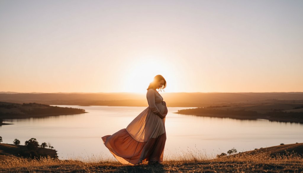 An epic moment captured in Wodonga Victoria elegant maternity photography, featuring a radiant pregnant woman in a flowing gown, silhouetted against a dramatic sunset over the Hume Weir, her hands gently cradling her baby bump.