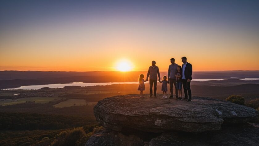 A breathtaking Wodonga Victoria fine art photography legacy portrait featuring a multi-generational family silhouetted against a dramatic sunset over Lake Hume, capturing their enduring connection and heritage in a moment of tranquil beauty.