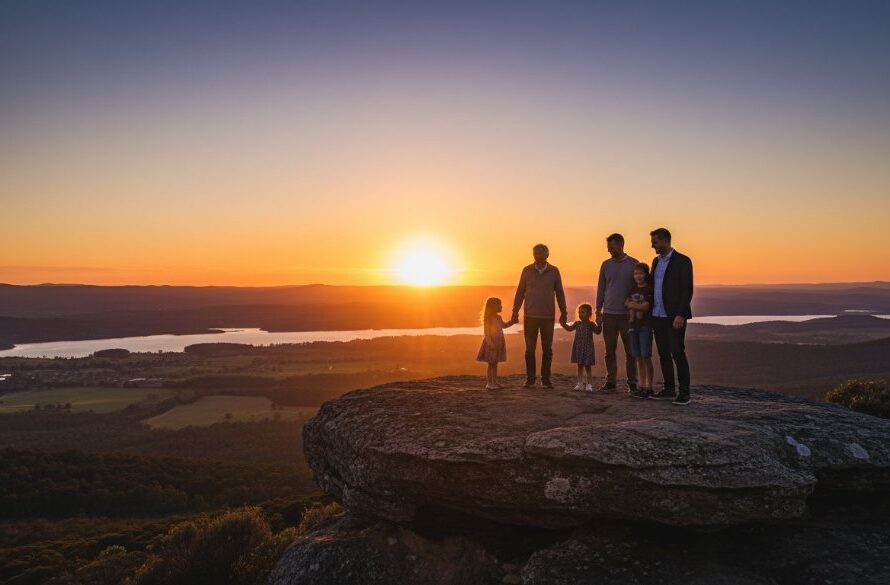 A breathtaking Wodonga Victoria fine art photography legacy portrait featuring a multi-generational family silhouetted against a dramatic sunset over Lake Hume, capturing their enduring connection and heritage in a moment of tranquil beauty.