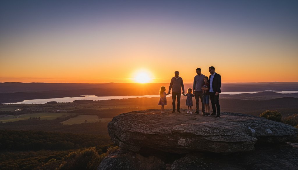 A breathtaking Wodonga Victoria fine art photography legacy portrait featuring a multi-generational family silhouetted against a dramatic sunset over Lake Hume, capturing their enduring connection and heritage in a moment of tranquil beauty.