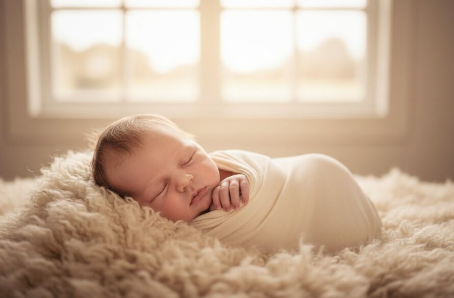 An intimate, epic moment Wodonga Victoria newborn photography artistic session, featuring a peacefully sleeping baby swaddled in soft fabrics, cradled gently in loving hands, illuminated by a warm, golden light filtering through a window, evoking tenderness and new beginnings.