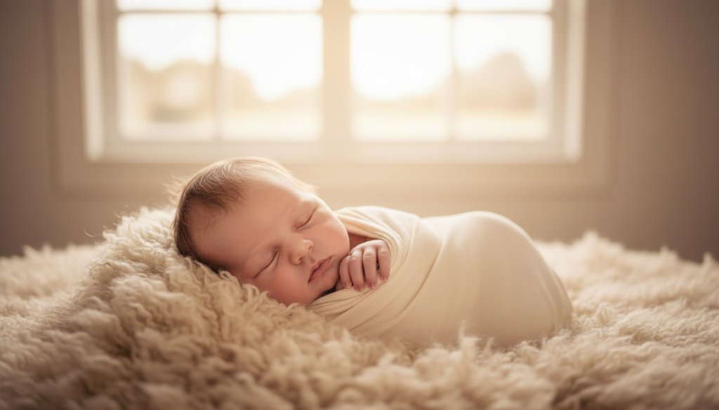 An intimate, epic moment Wodonga Victoria newborn photography artistic session, featuring a peacefully sleeping baby swaddled in soft fabrics, cradled gently in loving hands, illuminated by a warm, golden light filtering through a window, evoking tenderness and new beginnings.