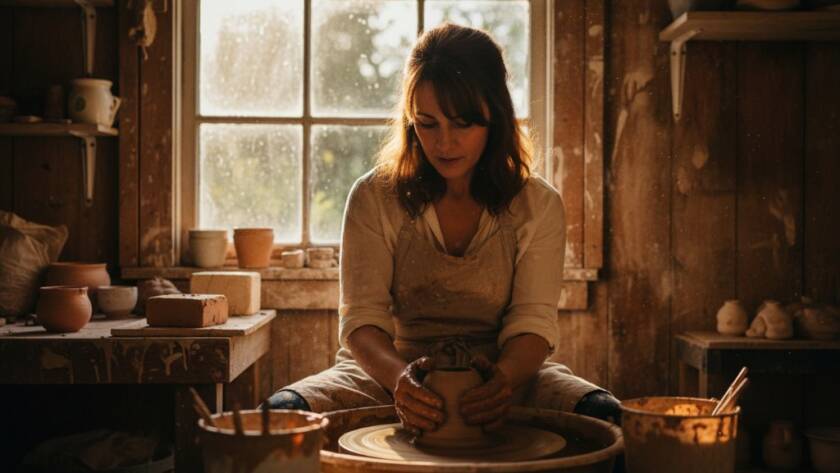 Dynamic Wonga Park branding photography for local businesses, showcasing a vibrant artisan in their rustic Wonga Park workshop, bathed in golden hour light, meticulously crafting unique items, an epic moment of passion and dedication.