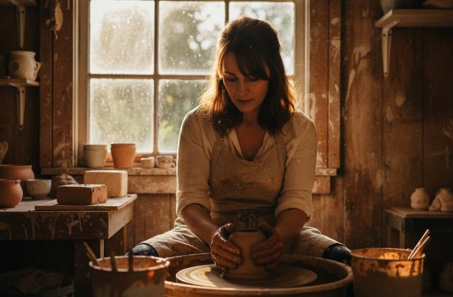 Dynamic Wonga Park branding photography for local businesses, showcasing a vibrant artisan in their rustic Wonga Park workshop, bathed in golden hour light, meticulously crafting unique items, an epic moment of passion and dedication.