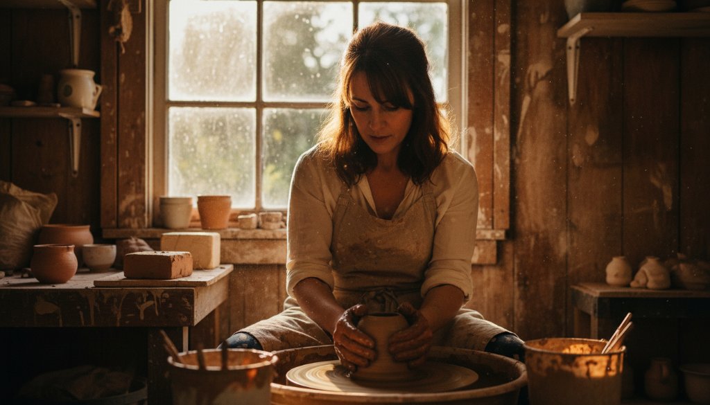 Dynamic Wonga Park branding photography for local businesses, showcasing a vibrant artisan in their rustic Wonga Park workshop, bathed in golden hour light, meticulously crafting unique items, an epic moment of passion and dedication.