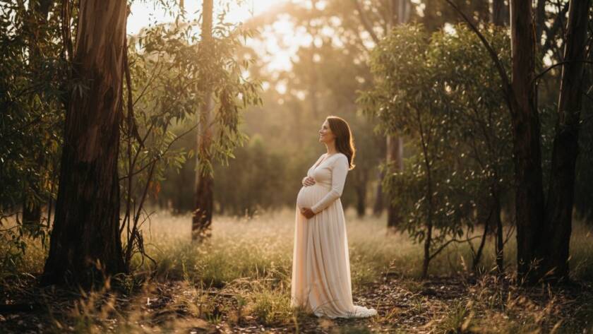 A radiant expectant mother in a flowing gown, embracing her baby bump amidst the golden hour glow of the Wonga Park bushland during a serene and epic Wonga Park bushland maternity photo session golden hour. Soft sun rays highlight her silhouette and the natural beauty of the Australian landscape.