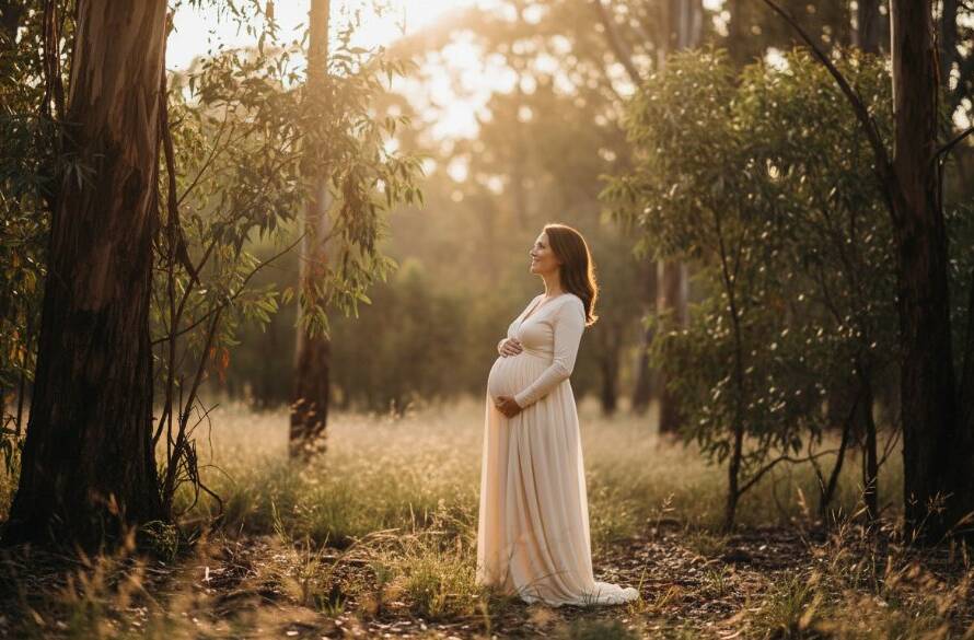 A radiant expectant mother in a flowing gown, embracing her baby bump amidst the golden hour glow of the Wonga Park bushland during a serene and epic Wonga Park bushland maternity photo session golden hour. Soft sun rays highlight her silhouette and the natural beauty of the Australian landscape.