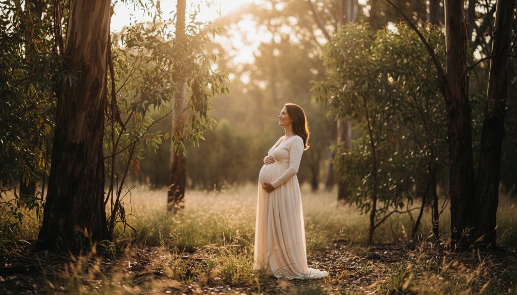 A radiant expectant mother in a flowing gown, embracing her baby bump amidst the golden hour glow of the Wonga Park bushland during a serene and epic Wonga Park bushland maternity photo session golden hour. Soft sun rays highlight her silhouette and the natural beauty of the Australian landscape.