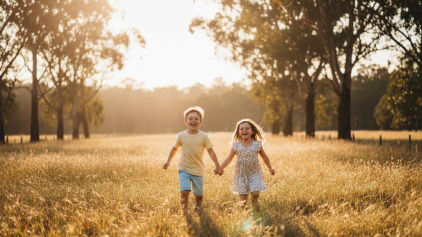 An epic moment of Wonga Park candid kids photography fun, showing two children laughing joyfully as they run through a sun-dappled field at sunset, with golden light illuminating their faces and hair, captured in a professional, cinematic style.