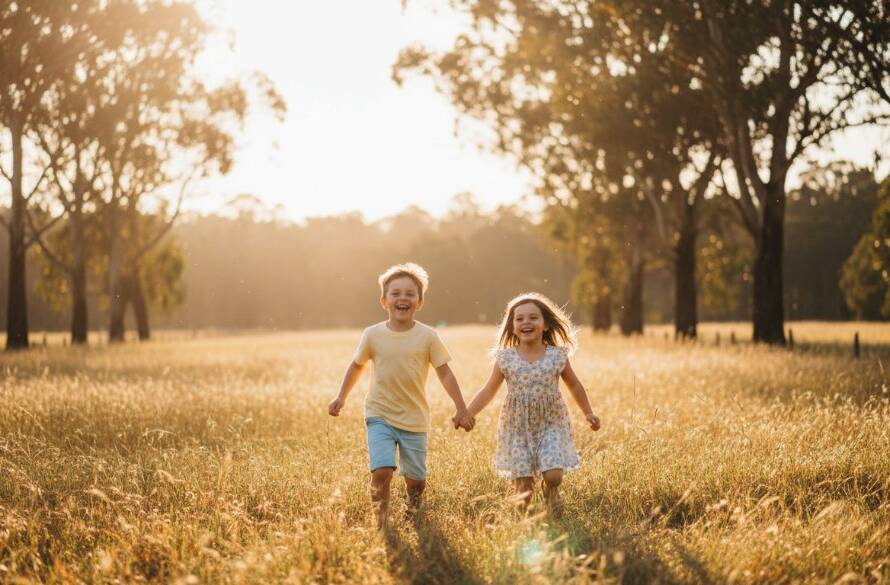 An epic moment of Wonga Park candid kids photography fun, showing two children laughing joyfully as they run through a sun-dappled field at sunset, with golden light illuminating their faces and hair, captured in a professional, cinematic style.