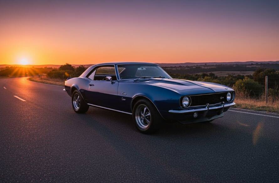 Dramatic long exposure shot of a sleek classic car parked on a winding road at dusk in Wonga Park, Victoria, showcasing expert Wonga Park classic car photography with vibrant sunset colours reflecting on its polished chrome.