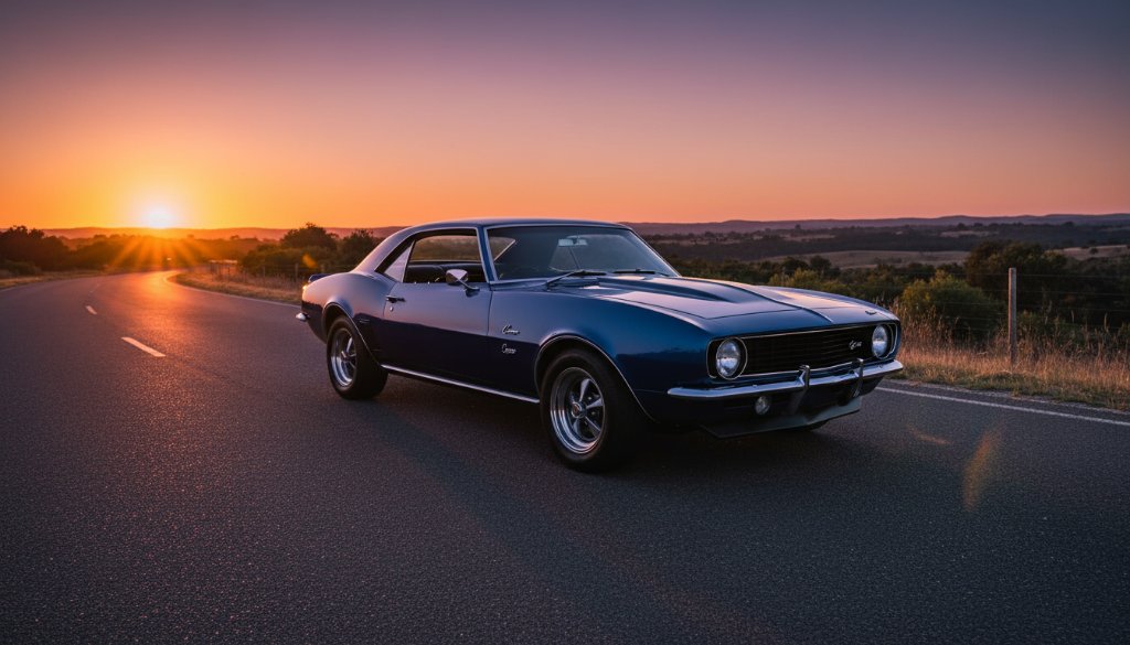 Dramatic long exposure shot of a sleek classic car parked on a winding road at dusk in Wonga Park, Victoria, showcasing expert Wonga Park classic car photography with vibrant sunset colours reflecting on its polished chrome.
