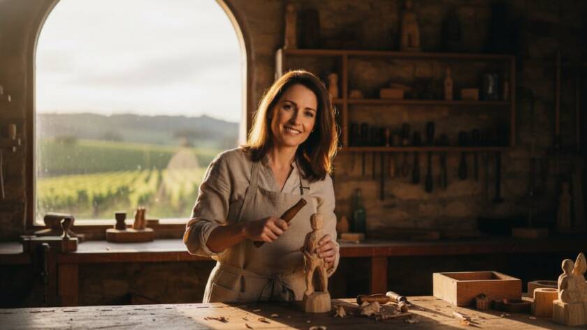 Epic moment: A wide-angle, dynamically lit photograph showcasing a local Wonga Park business owner engaging with a client, demonstrating the power of Wonga Park commercial photography branding, with the beautiful Wonga Park natural landscape faintly in the background, capturing authenticity and professionalism.