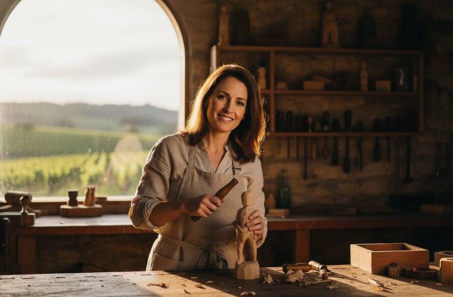 Epic moment: A wide-angle, dynamically lit photograph showcasing a local Wonga Park business owner engaging with a client, demonstrating the power of Wonga Park commercial photography branding, with the beautiful Wonga Park natural landscape faintly in the background, capturing authenticity and professionalism.