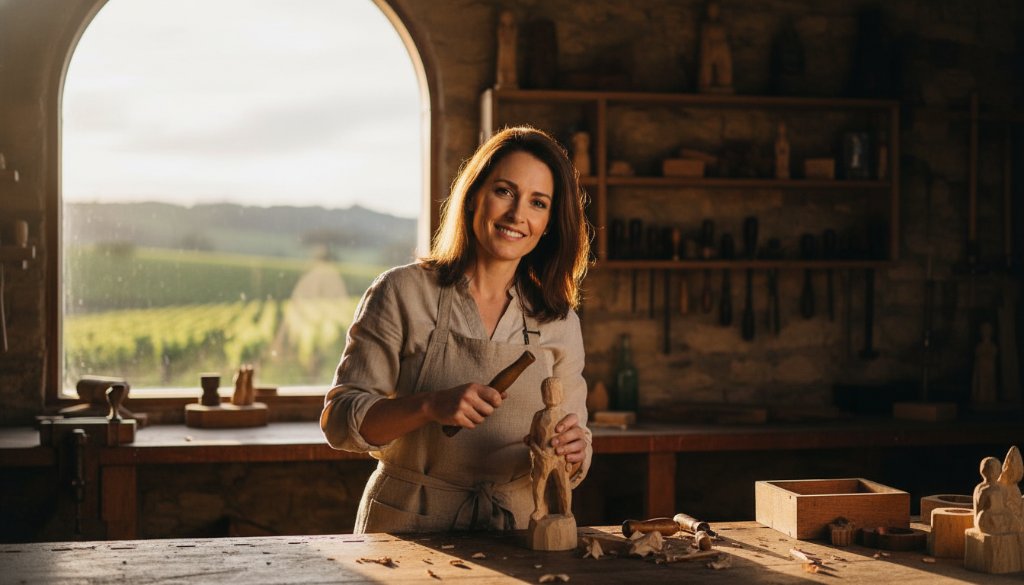 Epic moment: A wide-angle, dynamically lit photograph showcasing a local Wonga Park business owner engaging with a client, demonstrating the power of Wonga Park commercial photography branding, with the beautiful Wonga Park natural landscape faintly in the background, capturing authenticity and professionalism.