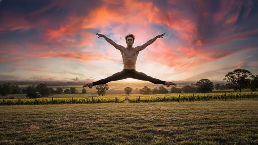 A male dancer in peak extension during an epic moment in Wonga Park dance photography capturing graceful motion, silhouetted against a dramatic sunset over the Yarra Valley, showcasing powerful artistry and movement.