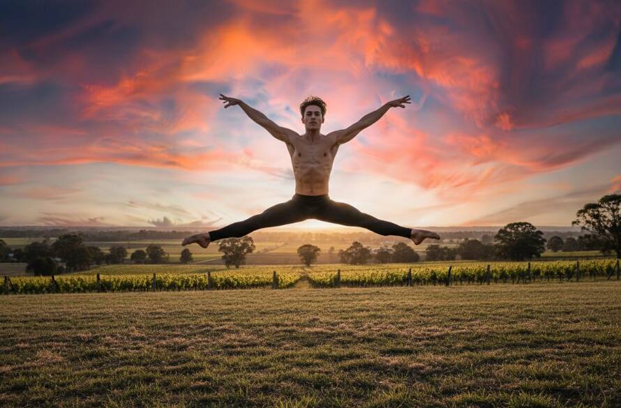 A male dancer in peak extension during an epic moment in Wonga Park dance photography capturing graceful motion, silhouetted against a dramatic sunset over the Yarra Valley, showcasing powerful artistry and movement.