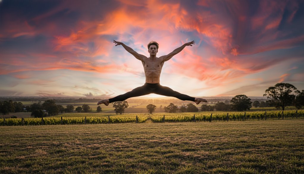 A male dancer in peak extension during an epic moment in Wonga Park dance photography capturing graceful motion, silhouetted against a dramatic sunset over the Yarra Valley, showcasing powerful artistry and movement.