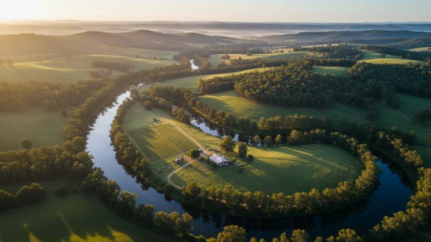 An epic drone photograph showcasing the breathtaking Yarra views of Wonga Park at sunrise, with golden light illuminating the winding Yarra River and surrounding lush, rolling hills, capturing the serene beauty and expansive landscapes.