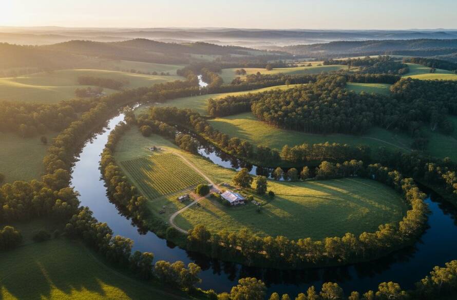 An epic drone photograph showcasing the breathtaking Yarra views of Wonga Park at sunrise, with golden light illuminating the winding Yarra River and surrounding lush, rolling hills, capturing the serene beauty and expansive landscapes.
